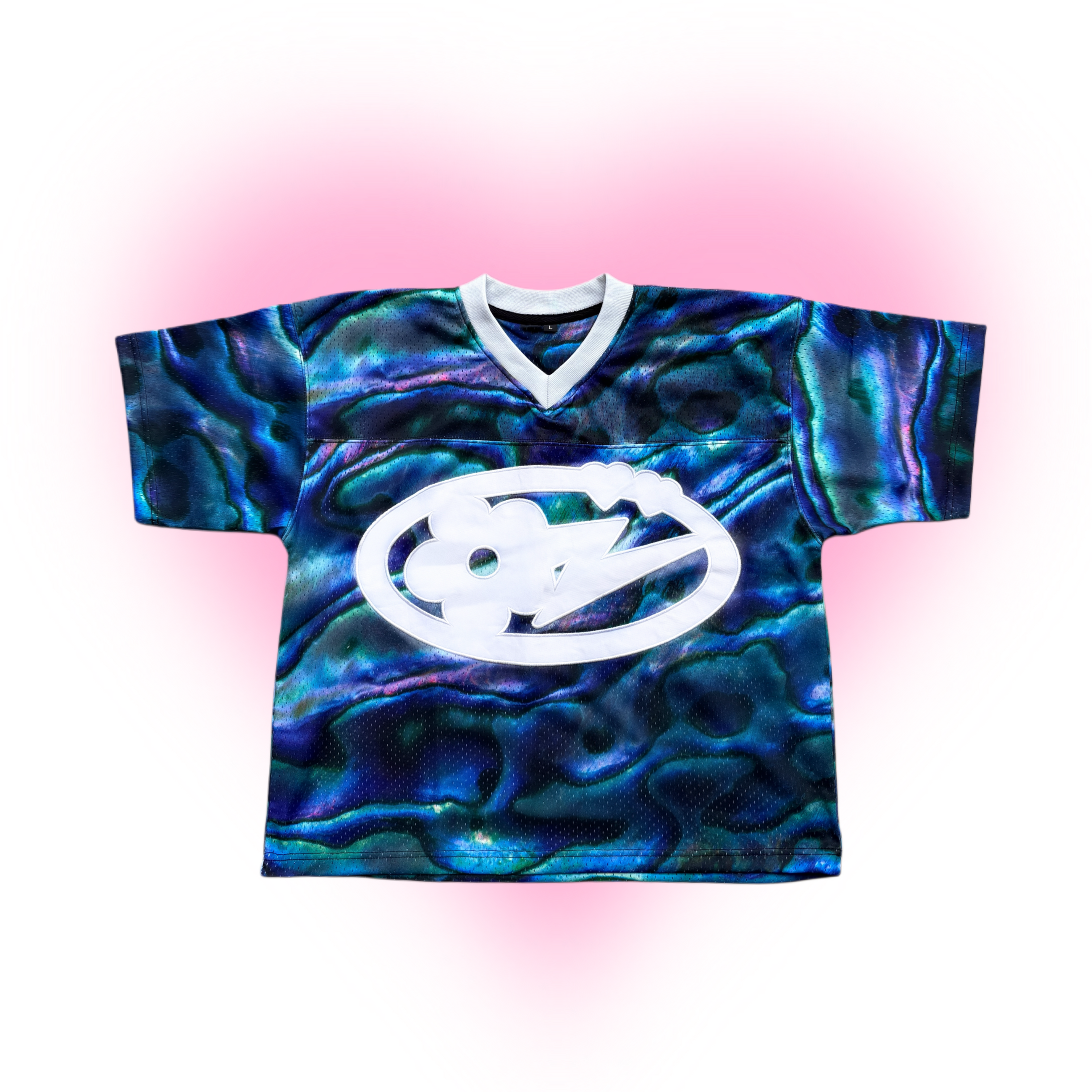 Beautiful Pāua mesh jersey with a white collar and white Kwest logo